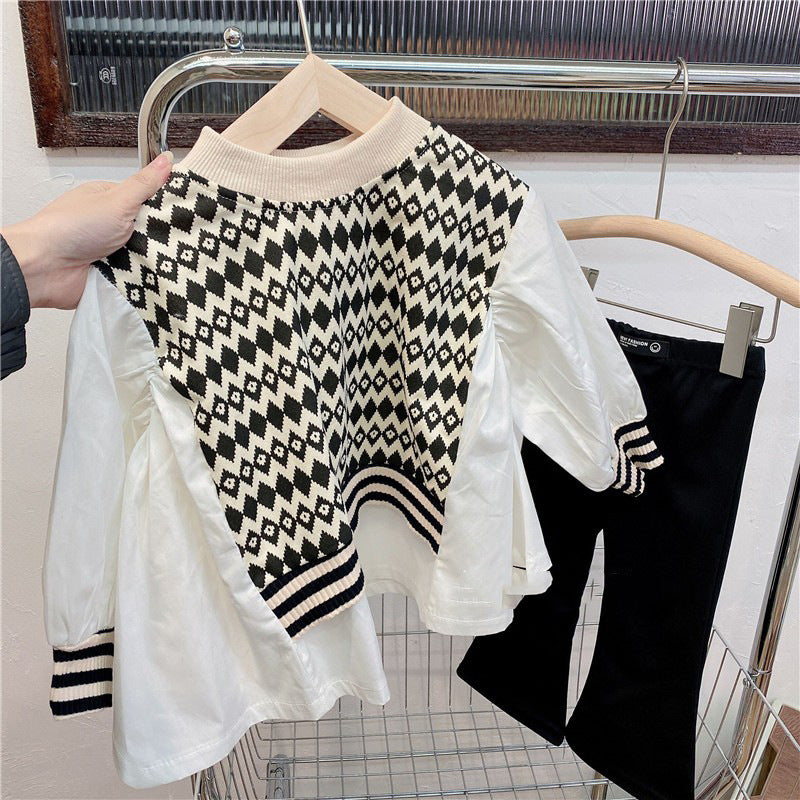 [363557] - Oneset Anak Cewek Korea Elegan Look Setelan Blouse Rajut Balon Sweater Celana Panjang Cutbray Anak Perempuan - Motif Diamond Line
