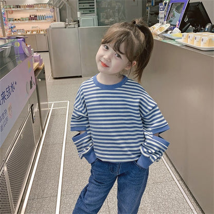 [363604] - Setelan Sweater Blouse Lengan Bolong Jeans Cutbray Anak Perempuan - Motif Striped