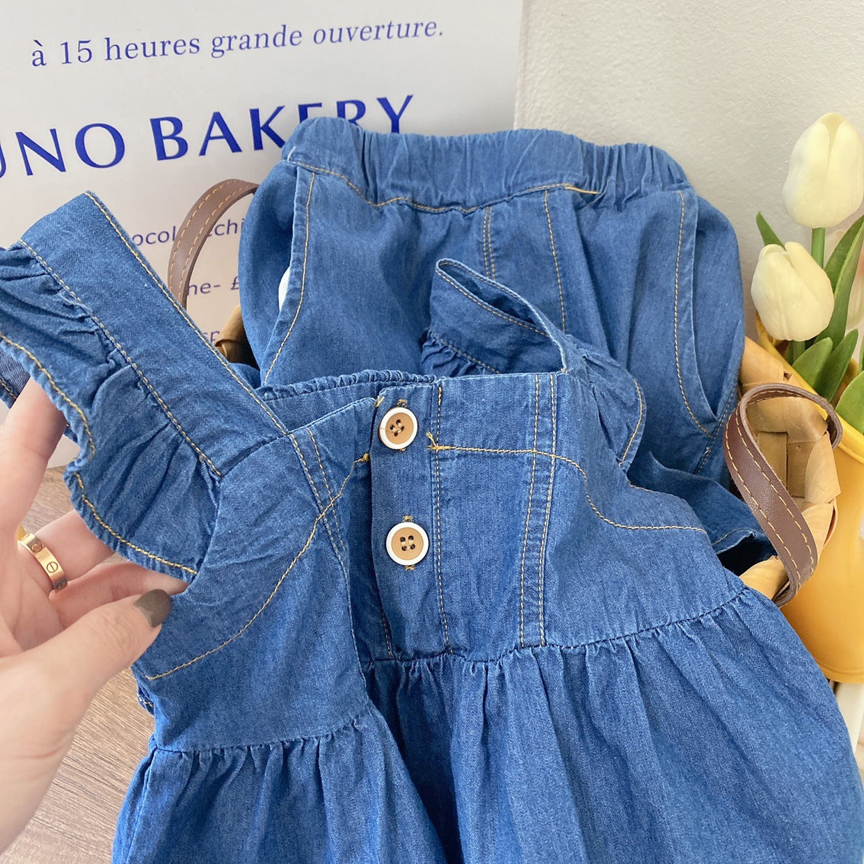 [363570] - Setelan Blouse Kutung Denim Celana Kulot Anak Perempuan - Motif Plain Lace