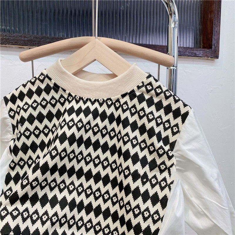 [363557] - Oneset Anak Cewek Korea Elegan Look Setelan Blouse Rajut Balon Sweater Celana Panjang Cutbray Anak Perempuan - Motif Diamond Line