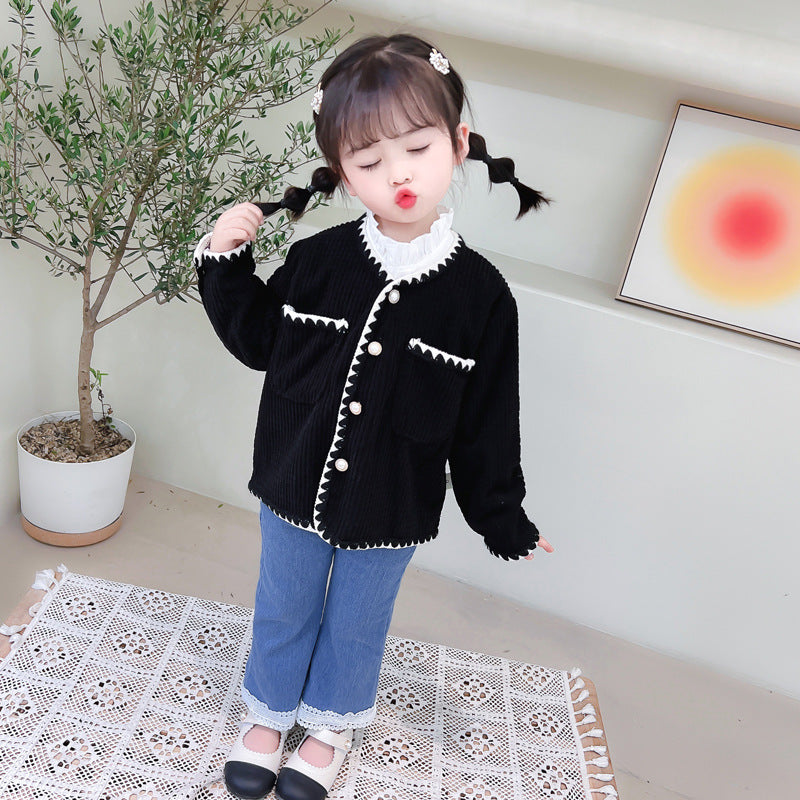 [340220] - Setelan 3 in 1 Jaket Cardigan Celana Panjang Jeans Anak Cewek - Motif Zigzag side