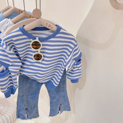 [363604] - Setelan Sweater Blouse Lengan Bolong Jeans Cutbray Anak Perempuan - Motif Striped