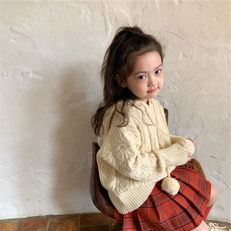 [507672] - Atasan Sweater Rajut Hoodie Anak Perempuan - Motif Big Pom Poms