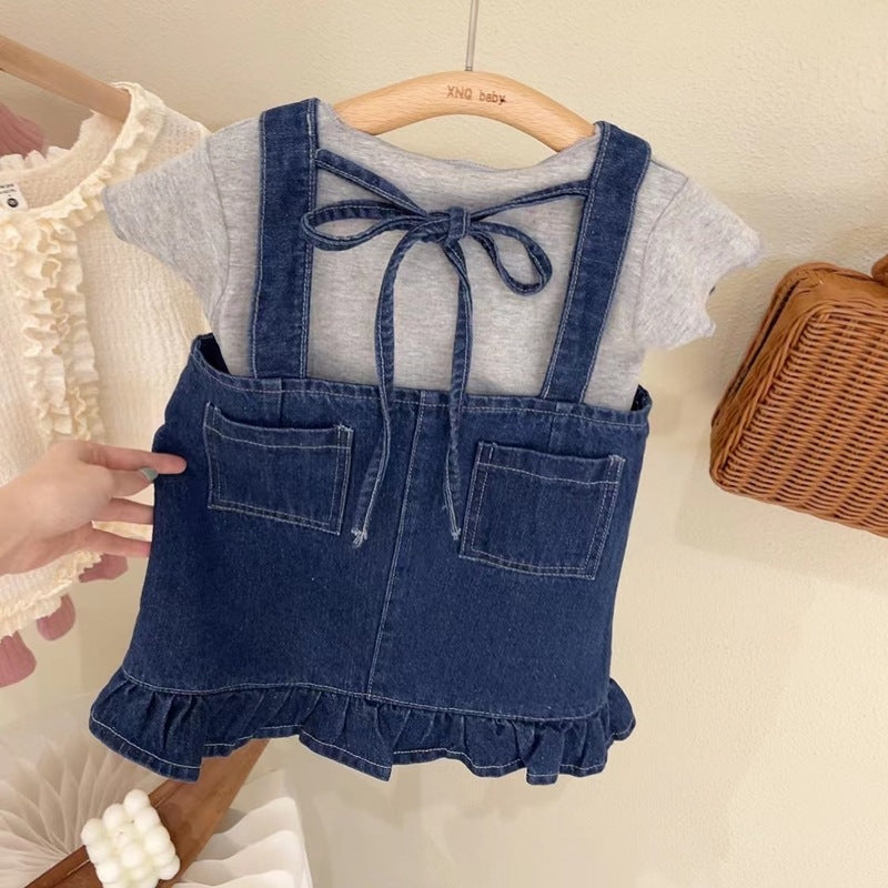 [363528] - Setelan Kaos Mix Overall Kodok Jeans Anak Perempuan - Motif Plain Casual