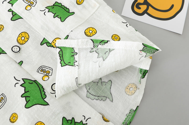 [345380] - Setelan Kemeja Celana Pendek Denim Anak Laki-Laki - Motif Dino Donuts
