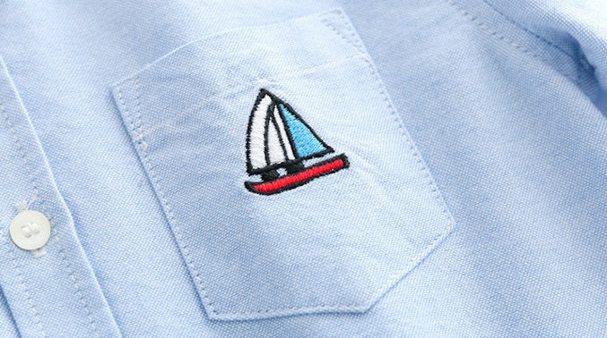 [513390] - Atasan Kemeja Bordir Lengan Panjang Anak Laki-Laki - Motif Boat Pouch