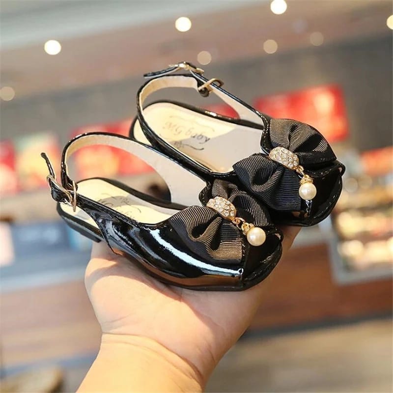 [381122-BLACK] - Flat Shoes / Sepatu Sandal Anak Import - Motif Diamond Ribbon
