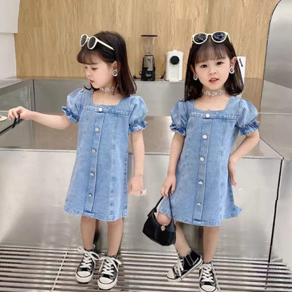 [507280] - Dress Jeans Fashion Anak Perempuan Import - Motif Denim Pattern