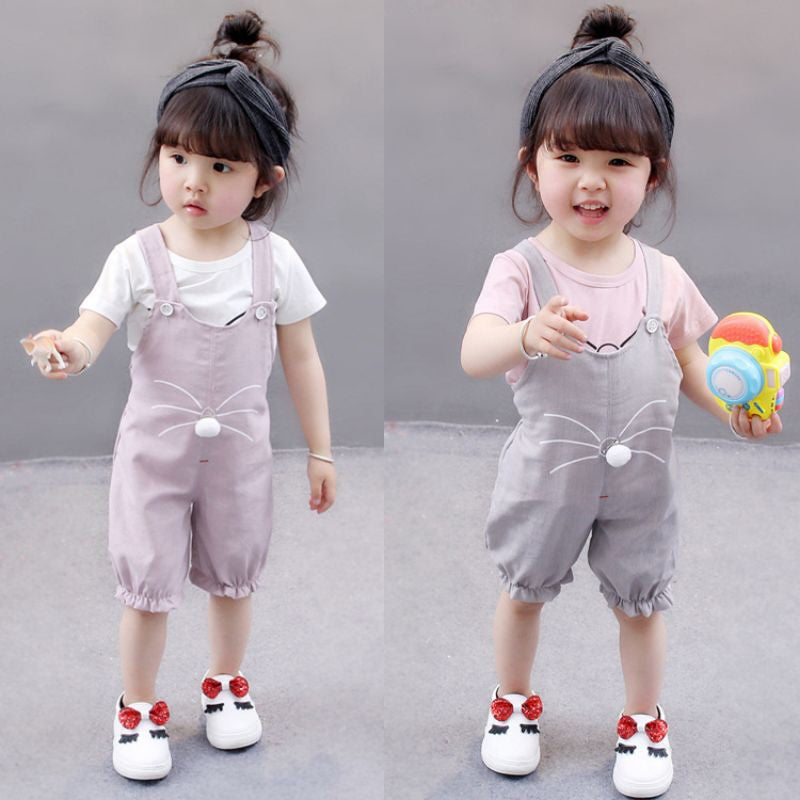 [102244-PENDEK] - Baju Setelan Overall Anak - Motif Pom Pom Mustache