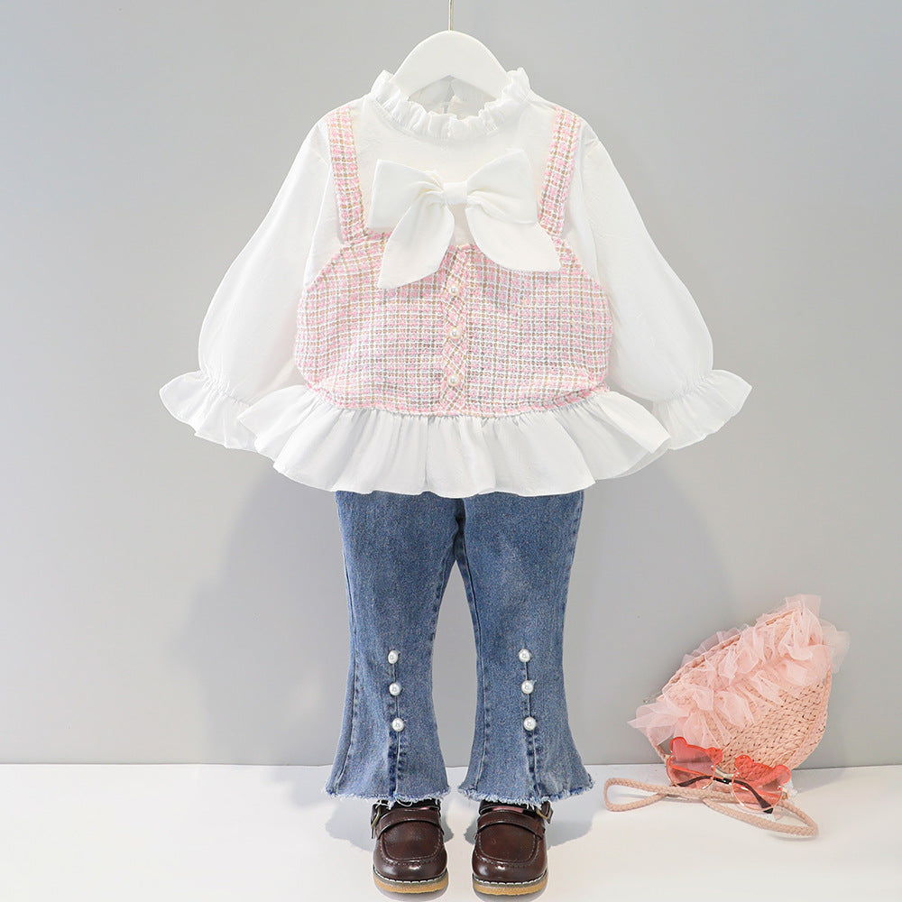 [001390] - Setelan Blouse Celana Panjang Jeans Cutbray Anak Perempuan - Motif Abstract Vest