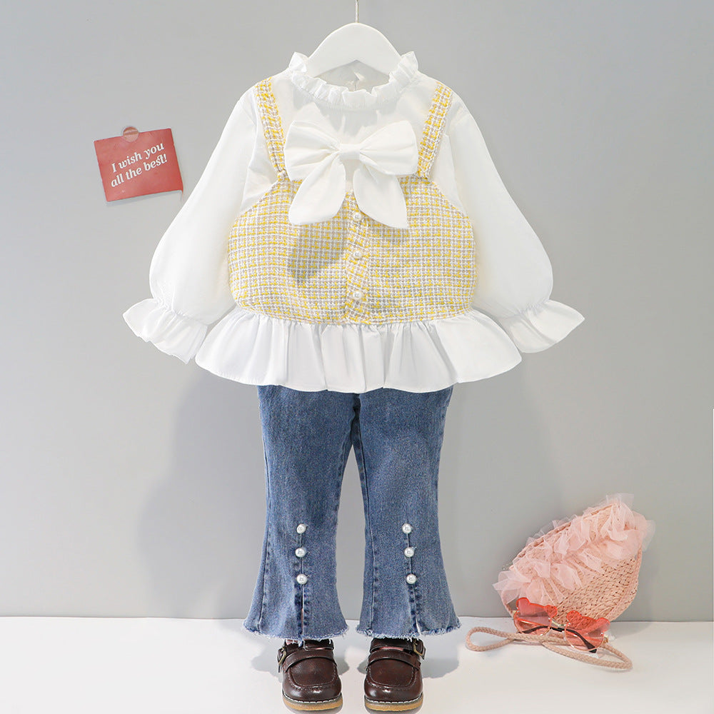 [001390] - Setelan Blouse Celana Panjang Jeans Cutbray Anak Perempuan - Motif Abstract Vest