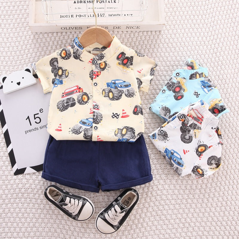 [001407] - Setelan Kemeja Koko Celana Pendek Chino Anak Cowok - Motif Monster Car
