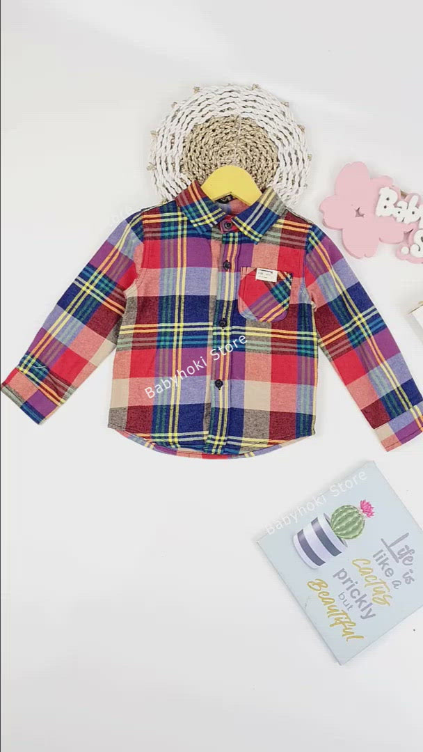 [119108] - 100%IMPORT Kemeja Anak Flanel Boxes Red Mix Color [B1201]