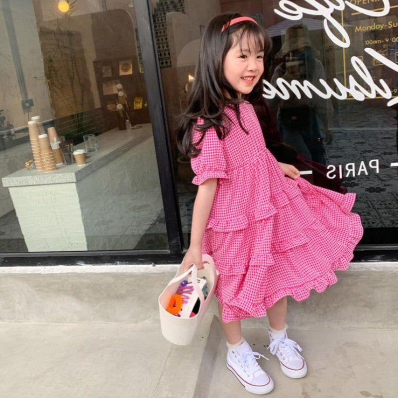 [507225-PINK] - Dress Fashion Anak Perempuan - Motif Gingham Lace