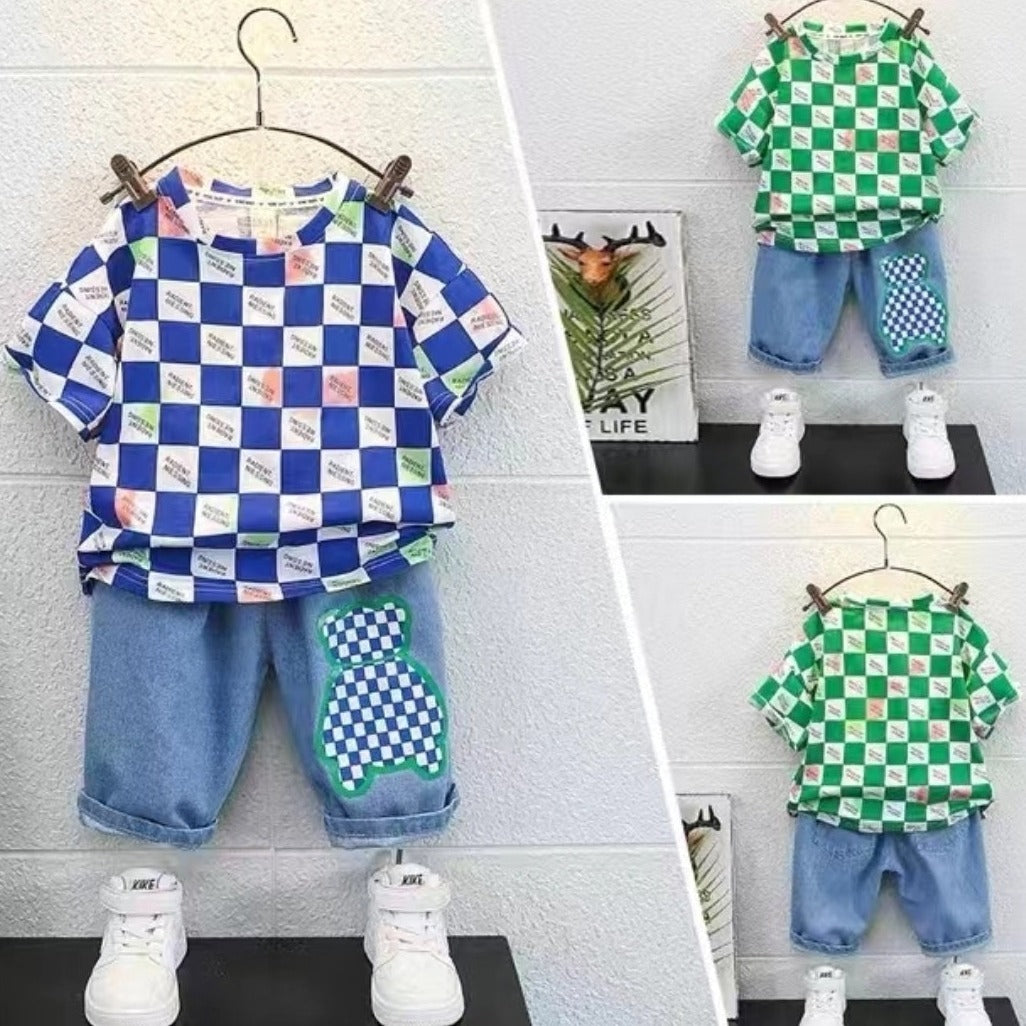 [001404] - Setelan Kaos Celana Pendek Jeans Denim Anak Cowok - Motif Chess Bear