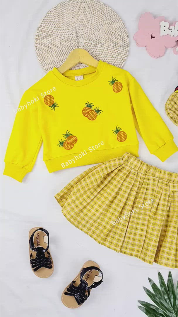 [363235-WHITE] - Setelan Import Fashion Trend Anak Perempuan - Motif Tartan Pineapple
