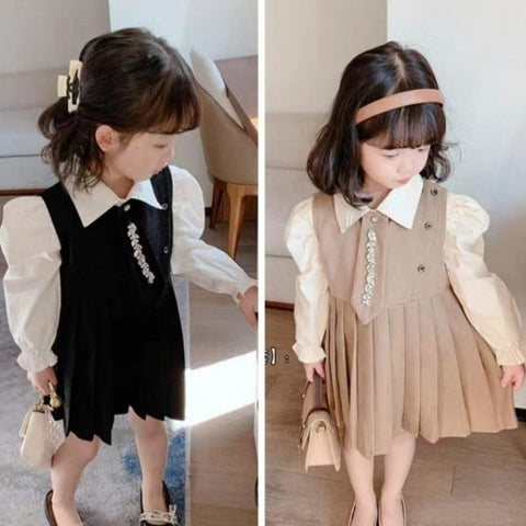 [001402] - Dress Lengan Panjang Kerah Casual Anak Perempuan - Motif Plain Tie