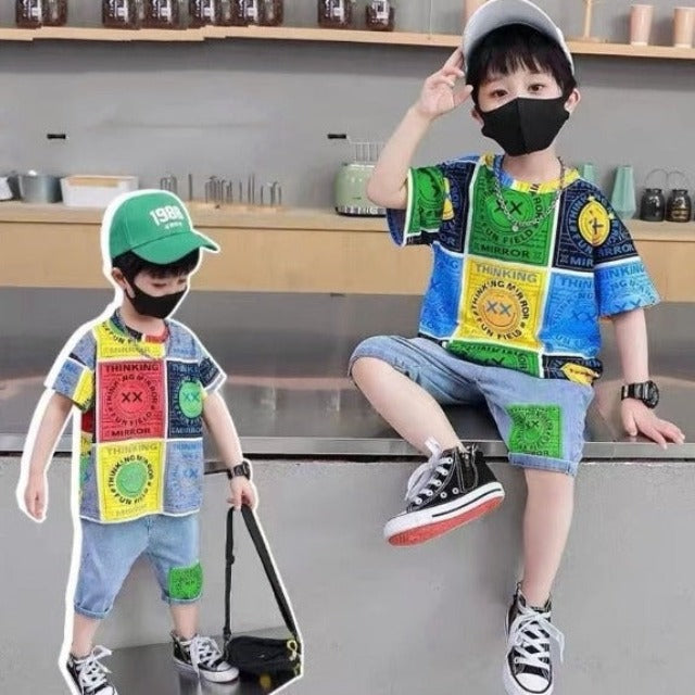 [001403] - Setelan Kaos Celana Pendek Denim Jeans Anak Cowok - Motif Text Box