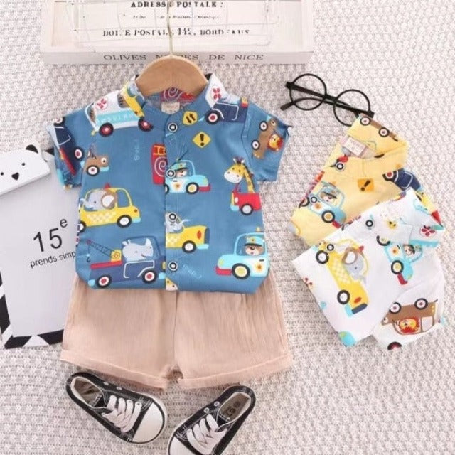 [001406] - Setelan Kemeja Koko Celana Pendek Chino Anak Cowok - Motif Animal Car