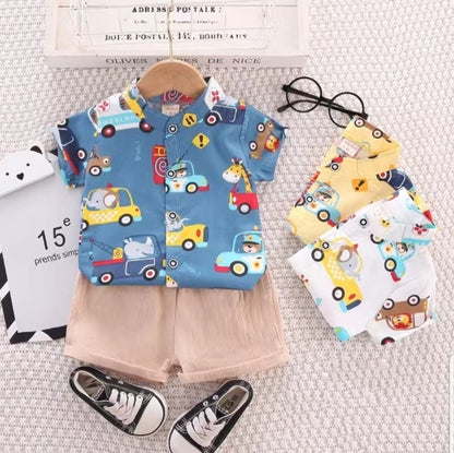 [001406] - Setelan Kemeja Koko Celana Pendek Chino Anak Cowok - Motif Animal Car