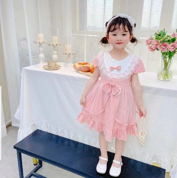 [001443] - Dress Renda Lengan Pendek Anak Perempuan - Motif Square Lace