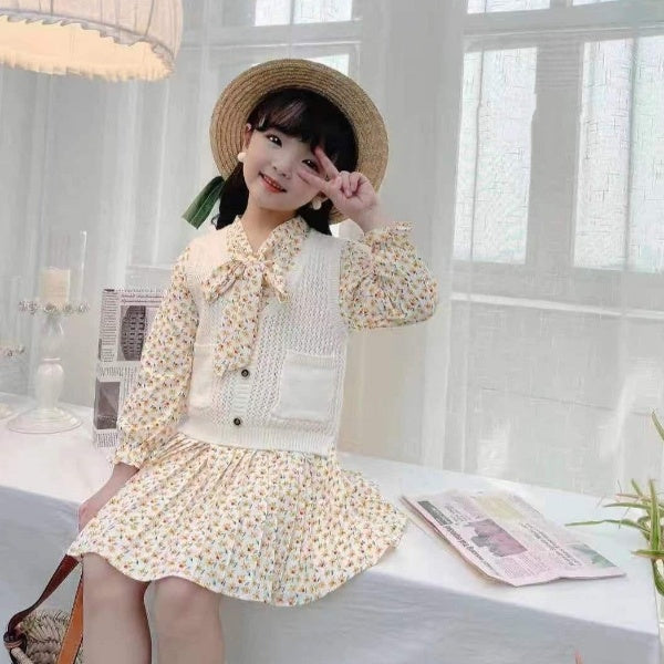 [001413] - Dress Rompi Lengan Panjang Gaya Korea Anak Perempuan - Motif Knitting Flowers