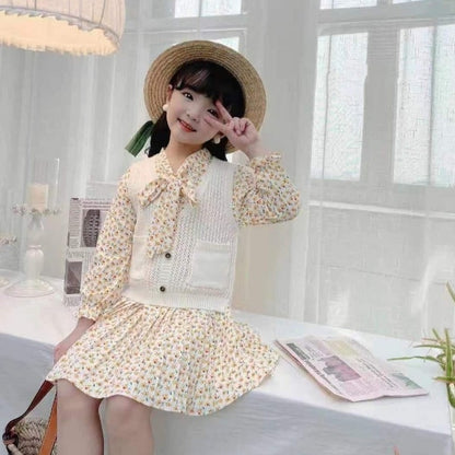 [001413] - Dress Rompi Lengan Panjang Gaya Korea Anak Perempuan - Motif Knitting Flowers